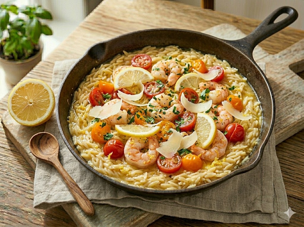 Shrimp Lemon Orzo Skillet